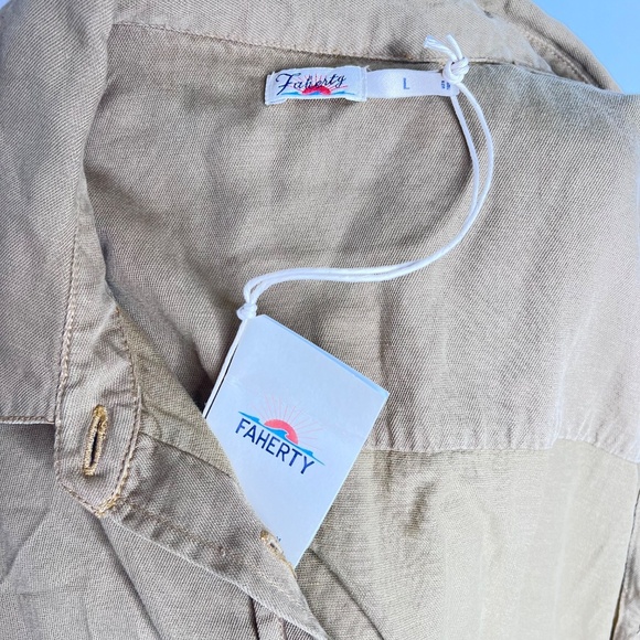 NWT Faherty Arlie Short Sleeve Shirt Linen Blend Tan Dress L - Picture 3 of 5